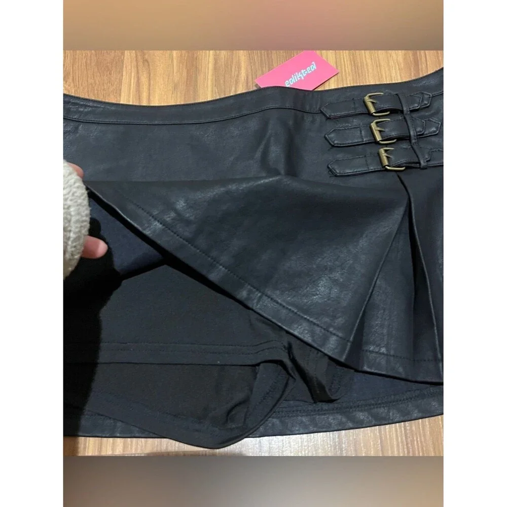 Edikted Triple Belt Faux Leather Mini Skort - Black - Size XL Moto Y2K